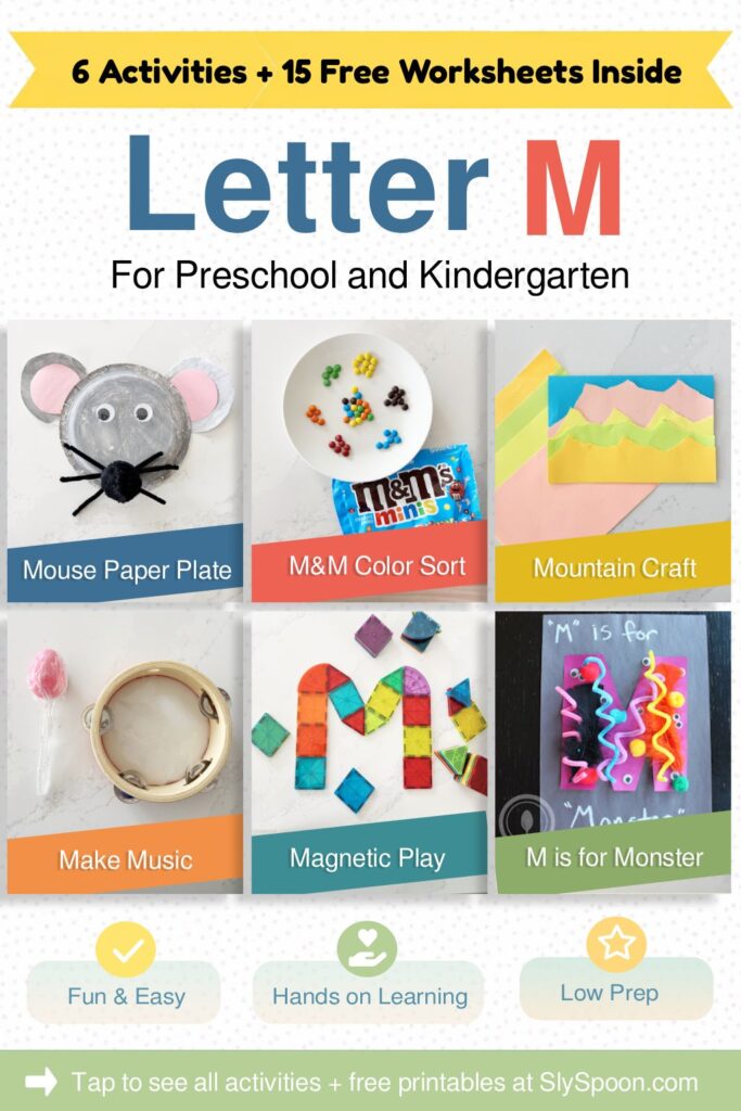 6 quick and easy Letter M crafts and Activities to do with your preschooler, toddler or Kindergartener. Low Prep, easy, and fun. Mouse Paper Plate Craft, M&M Color sorting or counting, Torn Paper Mountain Collage, Music Maker or Player, Magnetic Tile Play, M is for Monster Paper Plate Craft