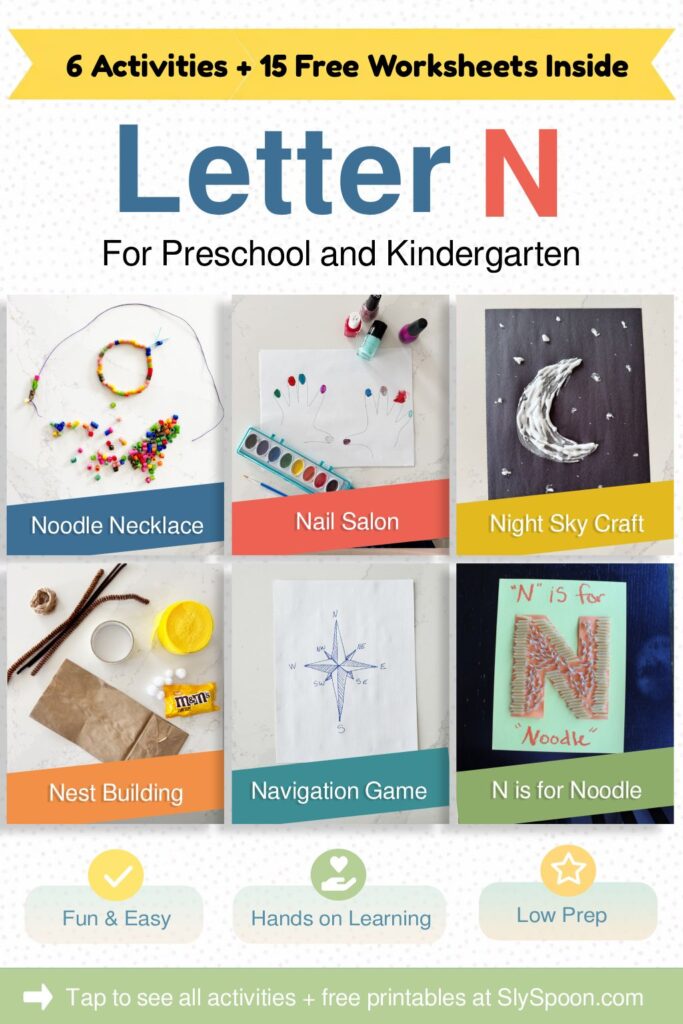 6 Quick and Easy Letter N Play Based Learning Activity Ideas, Noodle Necklace, Nail Salon Pretend Play, Night Sky Craft, Nest Building STEM Activity, Navigation Movement Game, N is for Noodle Craft