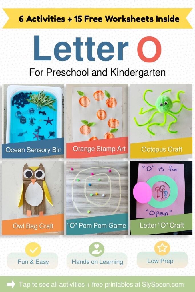 6 Quick and Easy Letter O Play Based Learning Activity Ideas, Ocean Sensory Bin, Orange Orchard Stamp Activity, Octopus Craft, Owl Paper Bag Craft, "O" Pom Pom Game, Letter O is for Open Craft