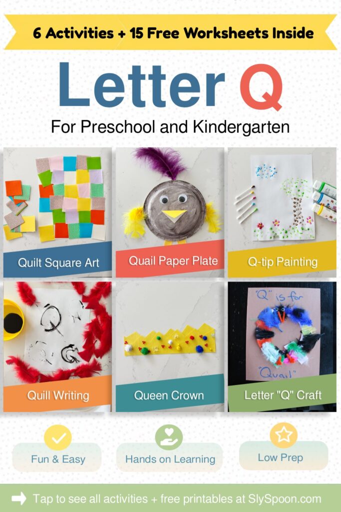 6 Quick and Easy Letter Q Play Based Learning Activity Ideas, Quilt Squares Craft, Quail Painted Paper Plate, Q-tip Painting, Quill Writing Activity, Queen Crown Craft, Letter Q Craft