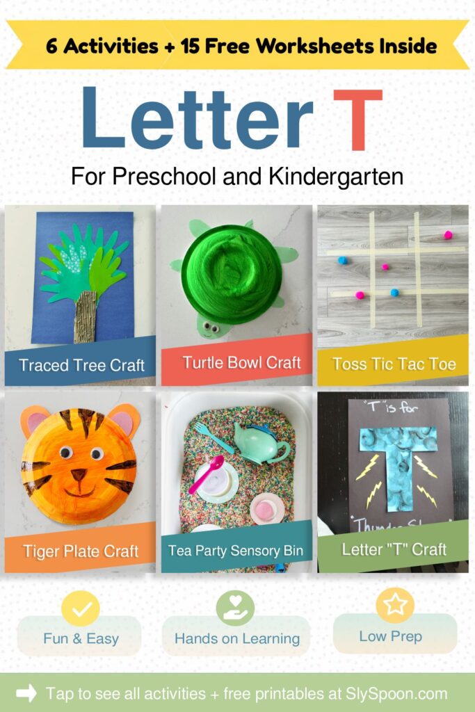 6 Quick and Easy Letter T Play Based Learning Activity Ideas, Traced Tree Craft, Turtle Bowl, Toss Tic Tac Toe, Tiger Paper Plate Craft, Tea Party Sensory Bin, Letter T Thunder Storm Craft