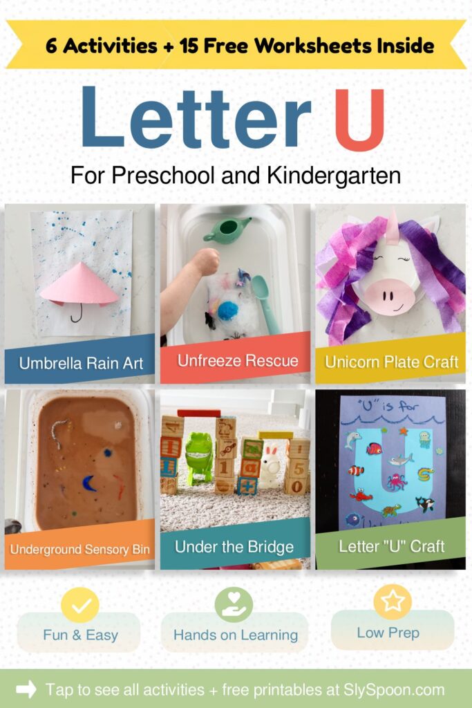 6 Quick and Easy Letter U Play Based Learning Activity Ideas, Umbrella Rain Art, Unfreeze Rescue Activity, Unicorn Paper Plate Craft, Underground Sensory Bin Idea, Under the Bridge STEM Activity, Letter U is for Underwater Craft