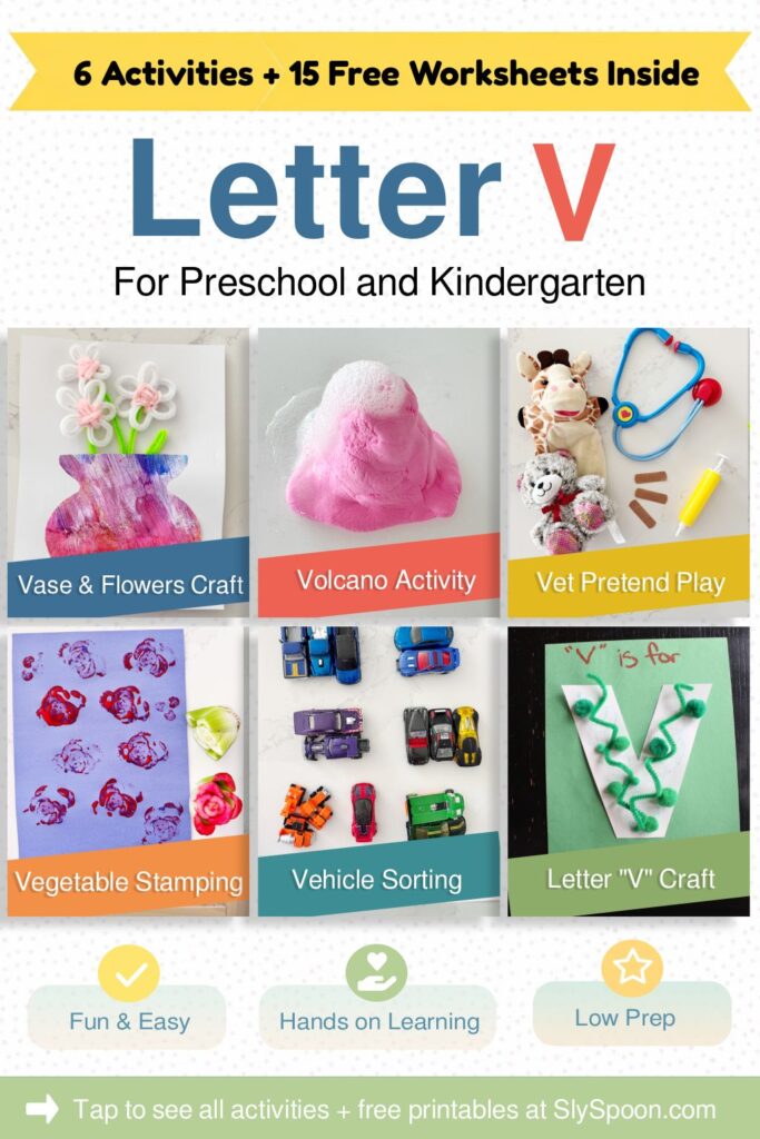 6 Quick and Easy Letter V Play Based Learning Activity Ideas, Painted Vase and Pipe Cleaner Flowers, Erupting Volcano Activity, Vet Pretend Play, Vegetable Stamping, Vehicle Sorting and Letter V is for Vine Craft Idea