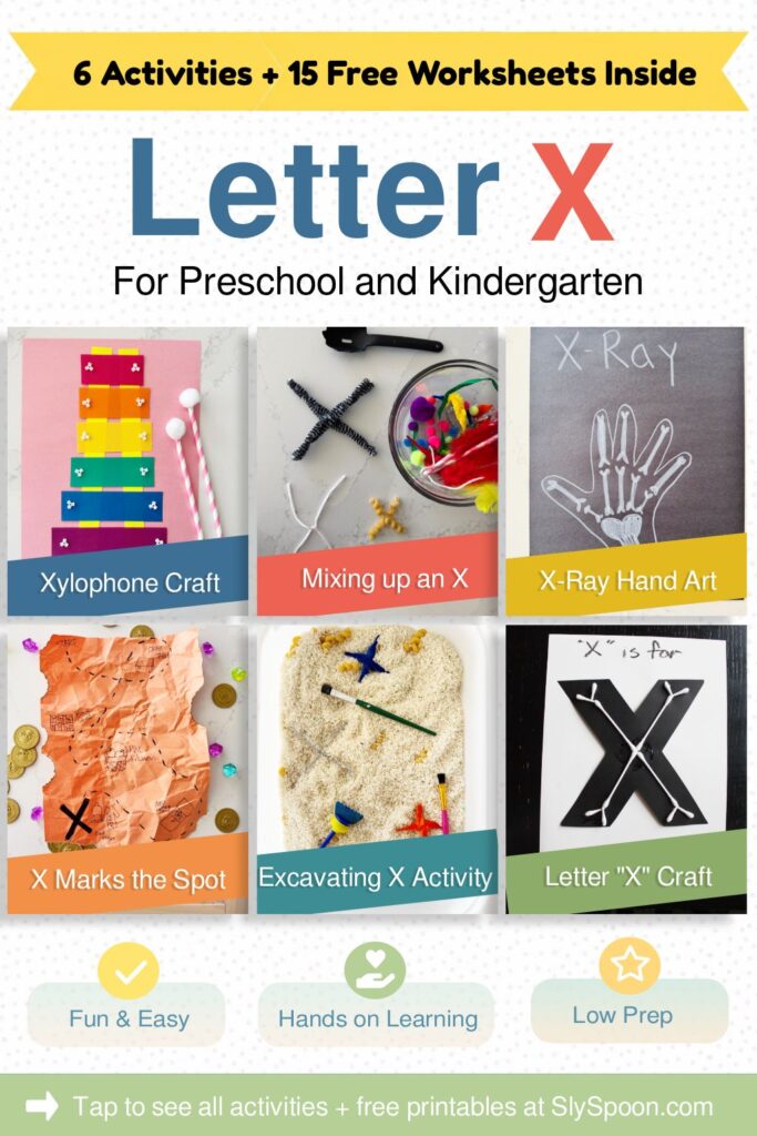 6 Quick and Easy Letter X Play Based Learning Activity Ideas, Xylophone color and size craft, Mixing up an X stem craft, X ray hand tracing letter craft, X marks the spot treasure map and treasure hunt activity, Excavating an X activity sensory bin, Letter X is for X-ray Craft