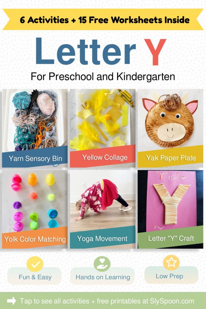 6 Quick and Easy Letter Y Play Based Learning Activity Ideas, Yarn Sensory Bin, Yellow Collage, Yak Paper Plate Craft, Yolk Color Matching Game, Yoga Movement Activity, Y is for Yarn Letter Craft