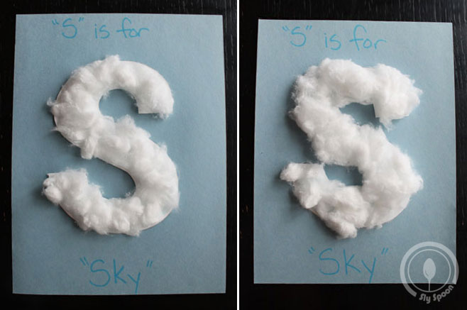 Letter S is for Sky Cotton Ball Pulling and Gluing Activity idea for preschoolers and kindergarteners learning Letter S