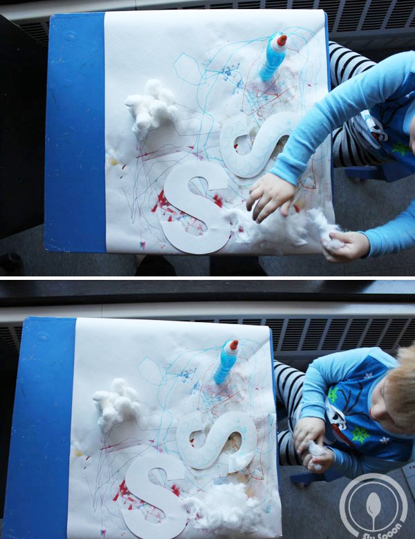 Letter S is for Sky Cotton Ball Pulling and Gluing Activity idea for preschoolers and kindergarteners learning Letter S