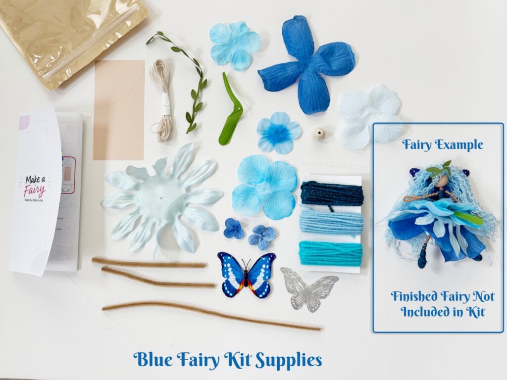DIY adult fiber art fairy doll craft tutorial with colorful handmade yarn fairy, flower petal skirts, butterfly wings, and fairy craft kit supplies to make a blue fairy.