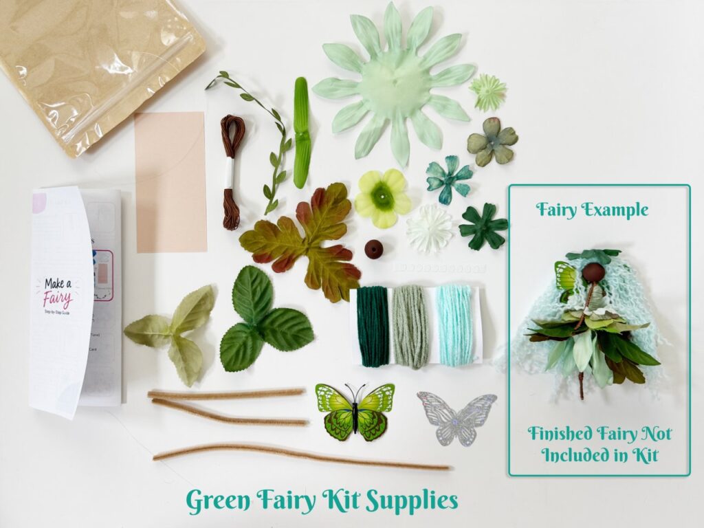 DIY adult fiber art fairy doll craft tutorial with colorful handmade yarn fairy, flower petal skirts, butterfly wings, and fairy craft kit supplies to make a green fairy.