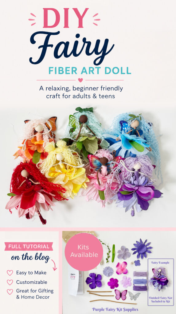 DIY adult fiber art fairy doll craft tutorial with colorful handmade yarn fairies, flower petal skirts, butterfly wings, and fairy craft kit supplies.