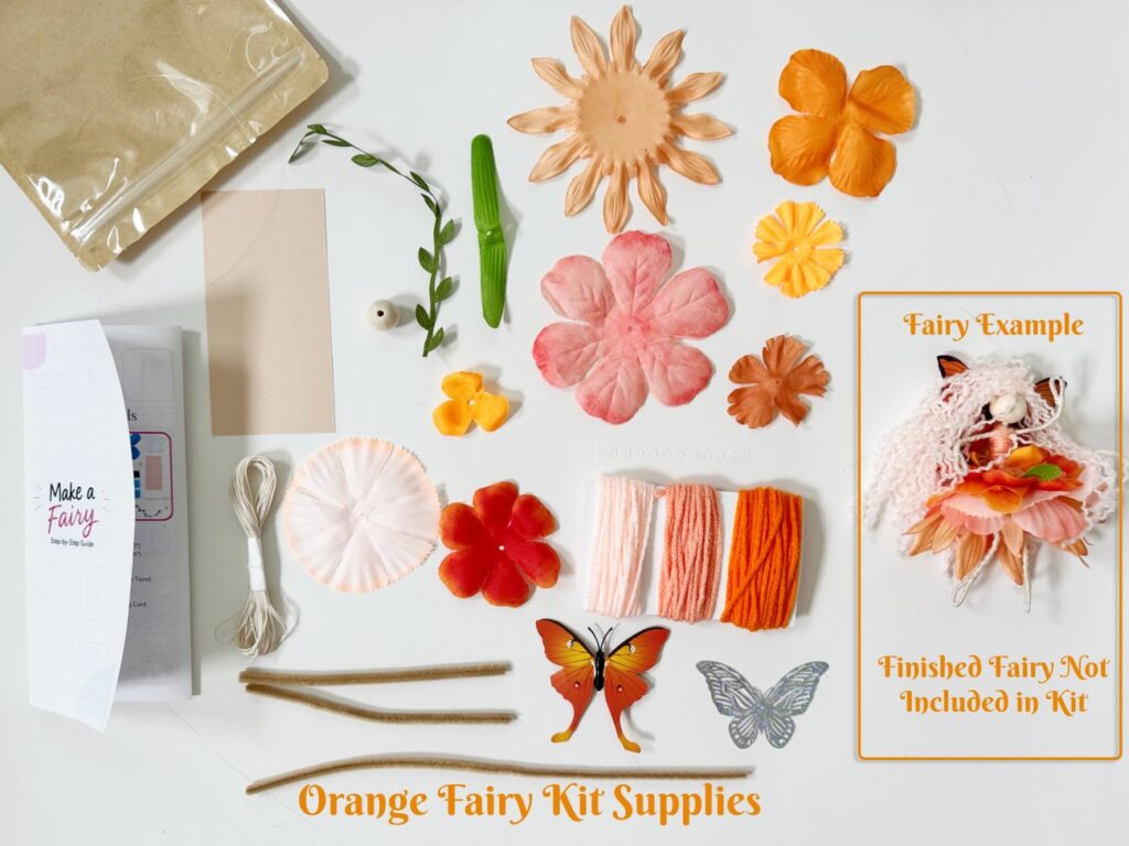 DIY adult fiber art fairy doll craft tutorial with colorful handmade yarn fairy, flower petal skirts, butterfly wings, and fairy craft kit supplies to make an orange fairy.