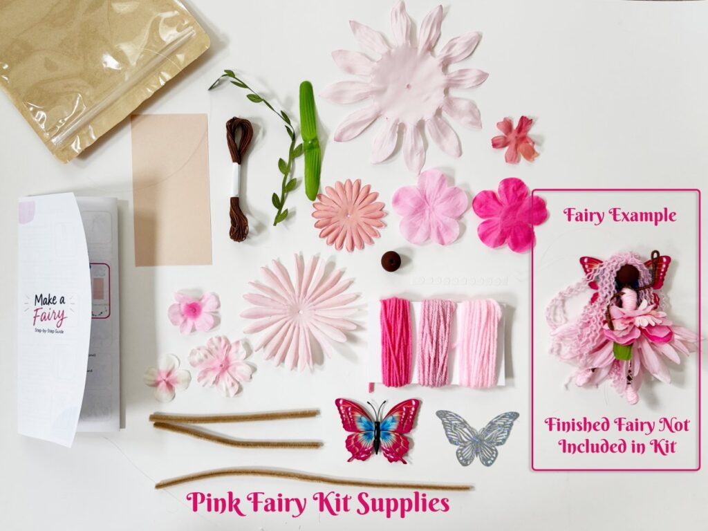 DIY adult fiber art fairy doll craft tutorial with colorful handmade yarn fairy, flower petal skirts, butterfly wings, and fairy craft kit supplies to make a pink fairy.