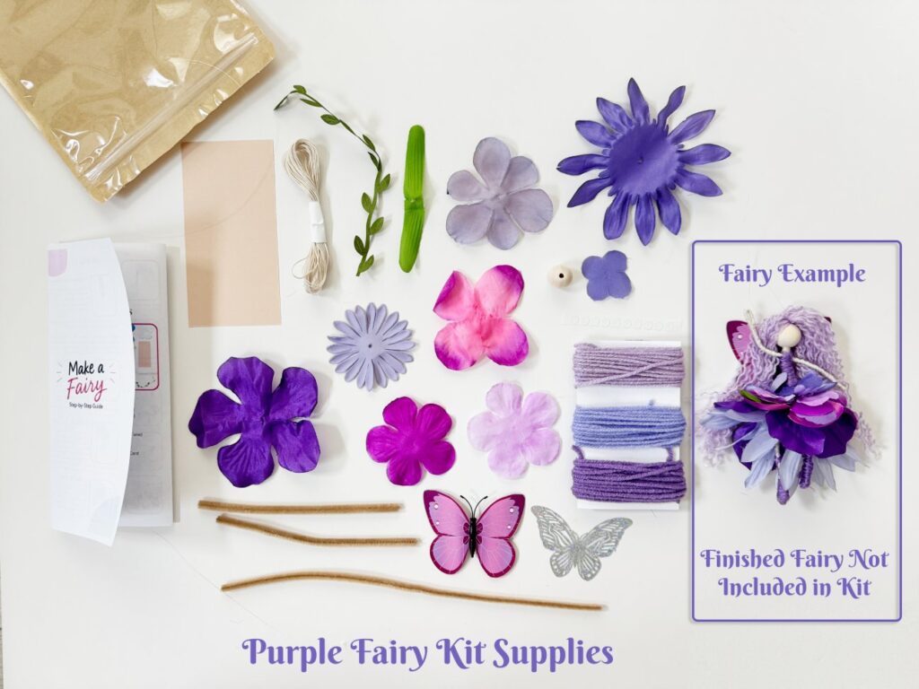 DIY adult fiber art fairy doll craft tutorial with colorful handmade yarn fairy, flower petal skirts, butterfly wings, and fairy craft kit supplies to make a purple fairy.