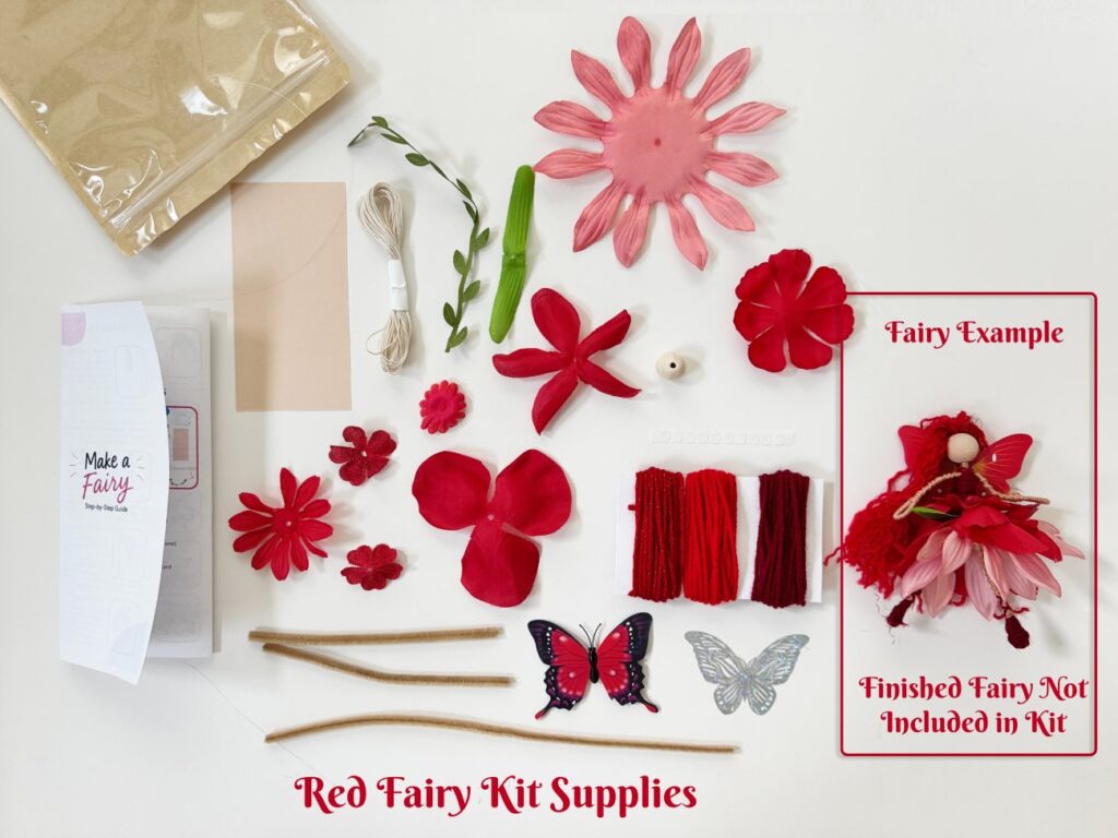 DIY adult fiber art fairy doll craft tutorial with colorful handmade yarn fairy, flower petal skirts, butterfly wings, and fairy craft kit supplies to make a red fairy.