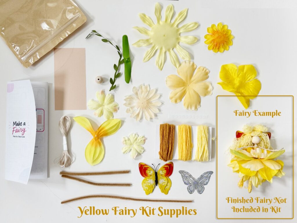 DIY adult fiber art fairy doll craft tutorial with colorful handmade yarn fairy, flower petal skirts, butterfly wings, and fairy craft kit supplies to make a yellow fairy.