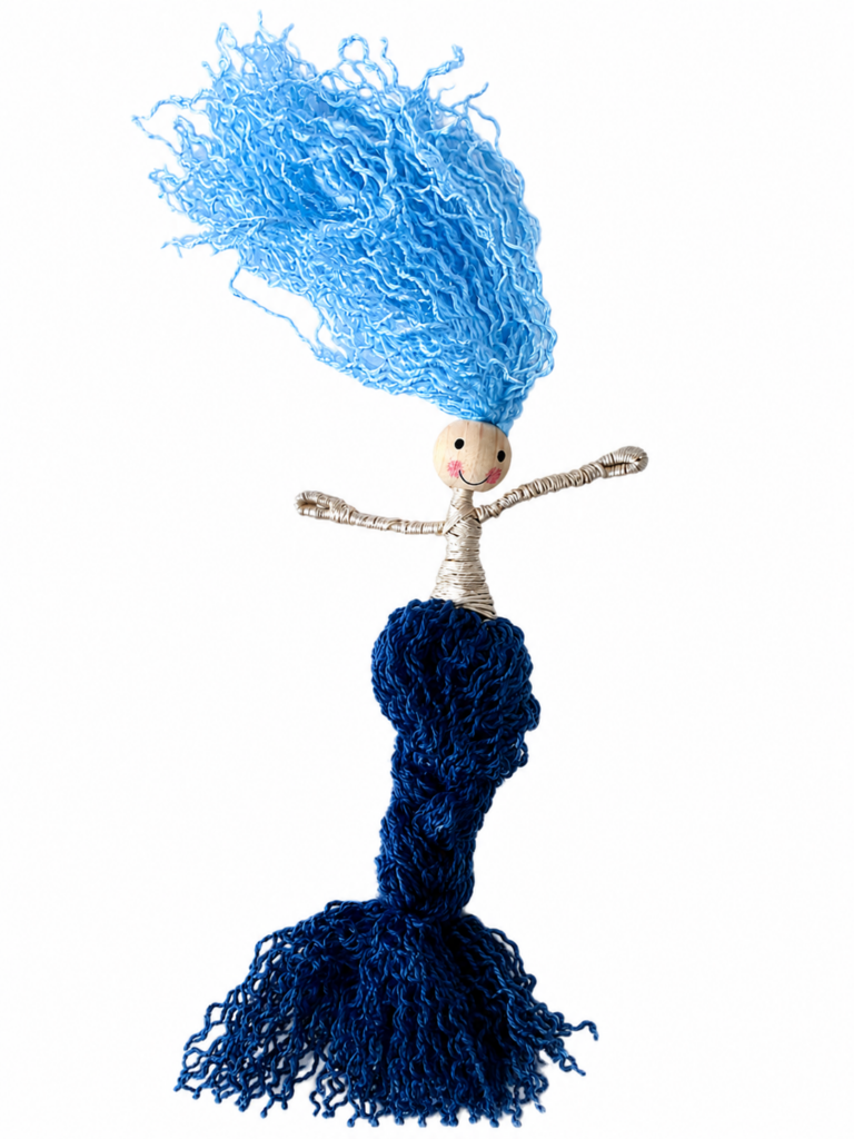 Shaping the body of a beginner fiber art mermaid with pipe cleaners.