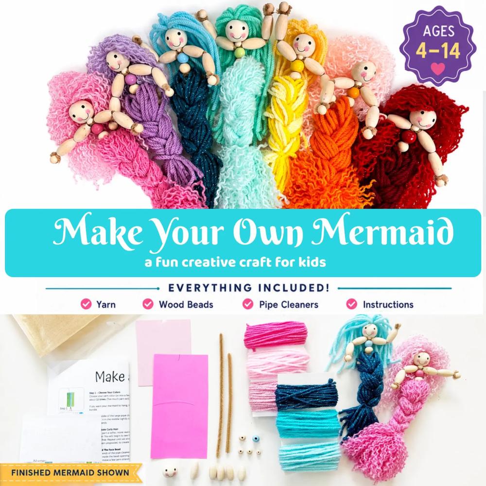 Comparison between kids bead mermaid craft kit and adult fiber art mermaid kit for different ages and skill levels.