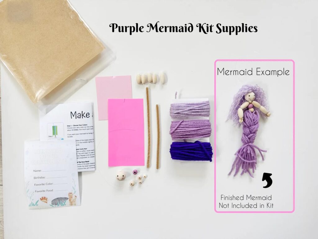 Comparison between kids bead mermaid craft kit and adult fiber art mermaid kit for different ages and skill levels.