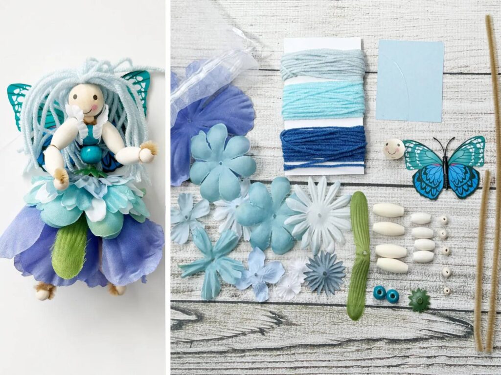 Supplies needed to create your own DIY blue fairy, including pipe cleaners, yarn, beads, and wings