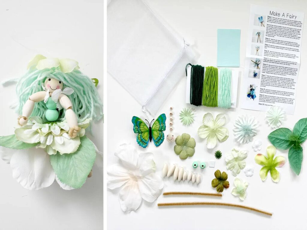 Supplies needed to create your own DIY green fairy, including pipe cleaners, yarn, beads, and wings