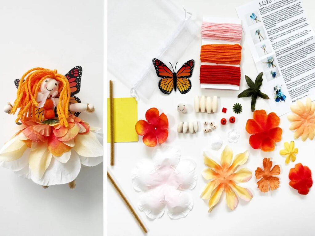 Supplies needed to create your own DIY orange fairy, including pipe cleaners, yarn, beads, and wings