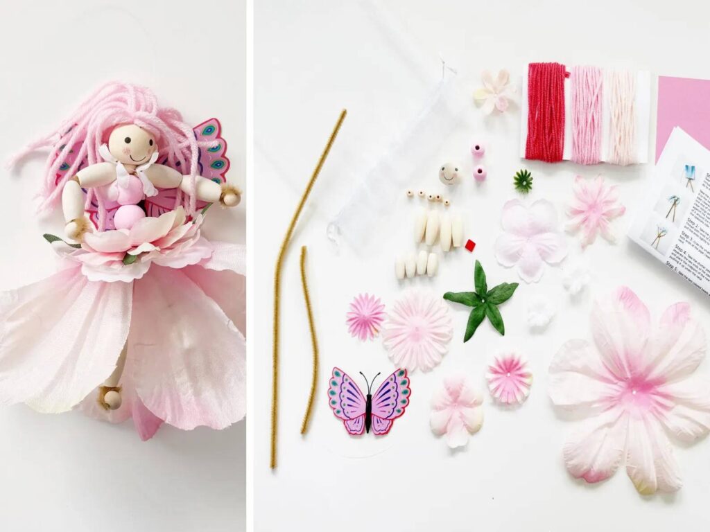 Supplies needed to create your own DIY Pink fairy, including pipe cleaners, yarn, beads, and wings