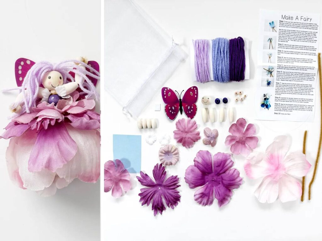 Supplies needed to create your own DIY purple fairy, including pipe cleaners, yarn, beads, and wings