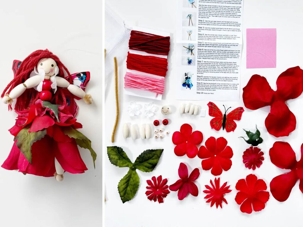Supplies needed to create your own DIY red fairy, including pipe cleaners, yarn, beads, and wings