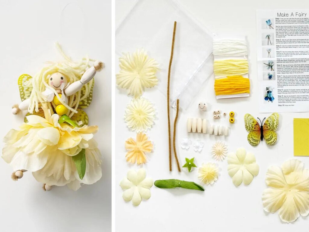 Supplies needed to create your own DIY yellow fairy, including pipe cleaners, yarn, beads, and wings