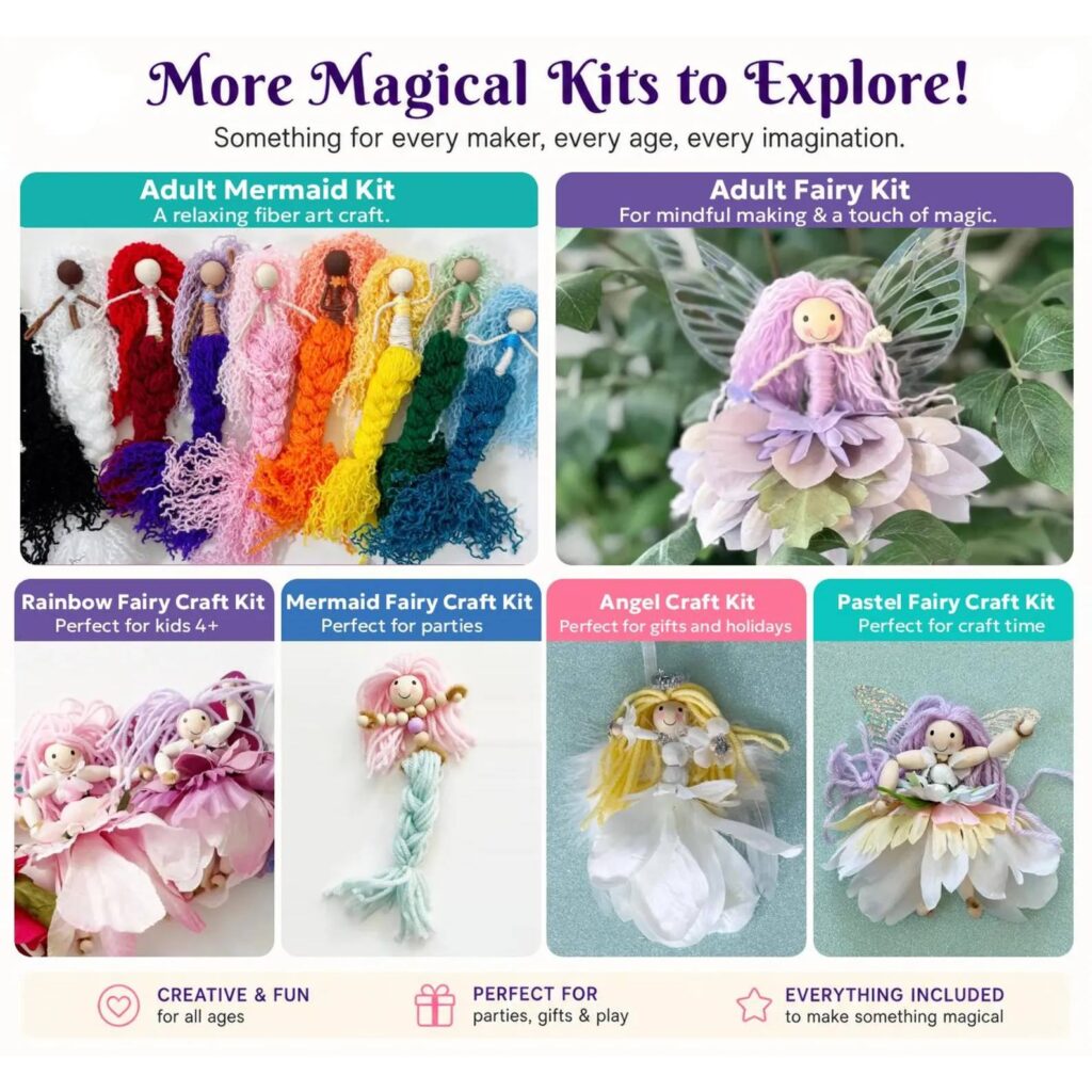 DIY mermaid craft kit for kids, teens, and adults with yarn, wooden beads, pipe cleaners, measuring cards and printed instructions. Make your own mermaid, fairy, or angel