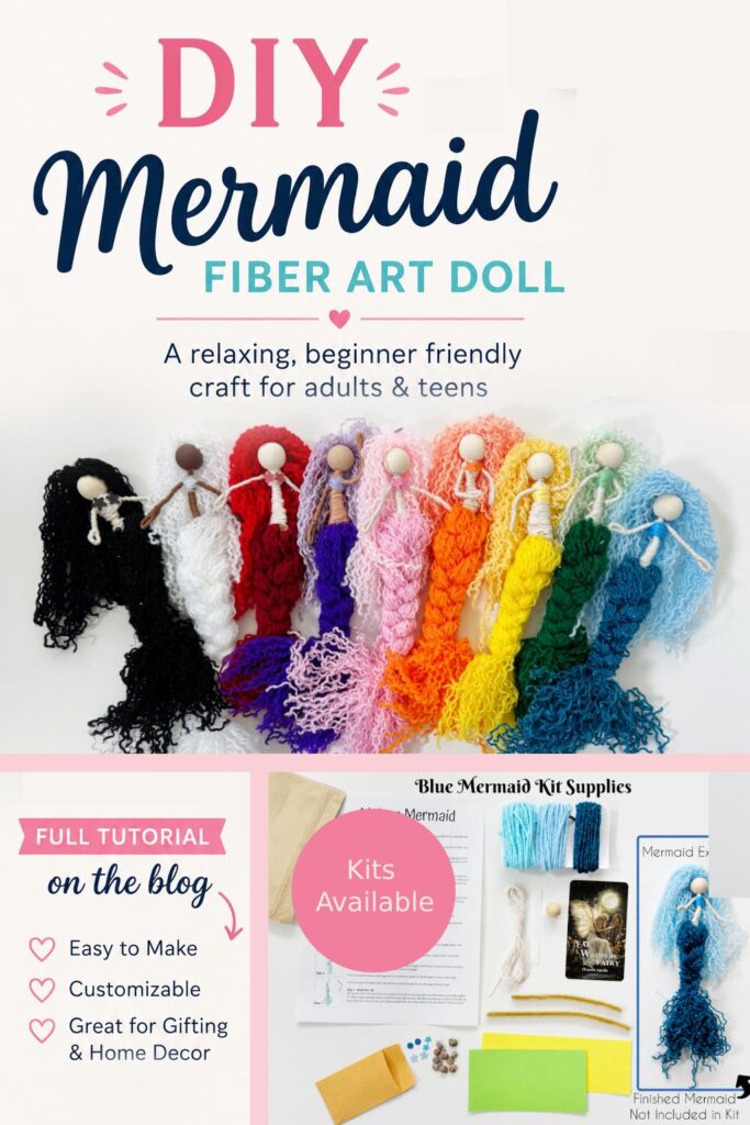 Handmade fiber art mermaids in multiple yarn colors showing finished DIY string art mermaid ideas for beginners.