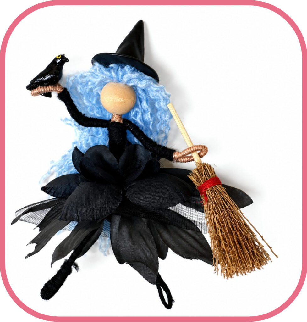Adult Fiber Art Witch Craft DIY Halloween Home Decor Finished witch with hat, broom and crow