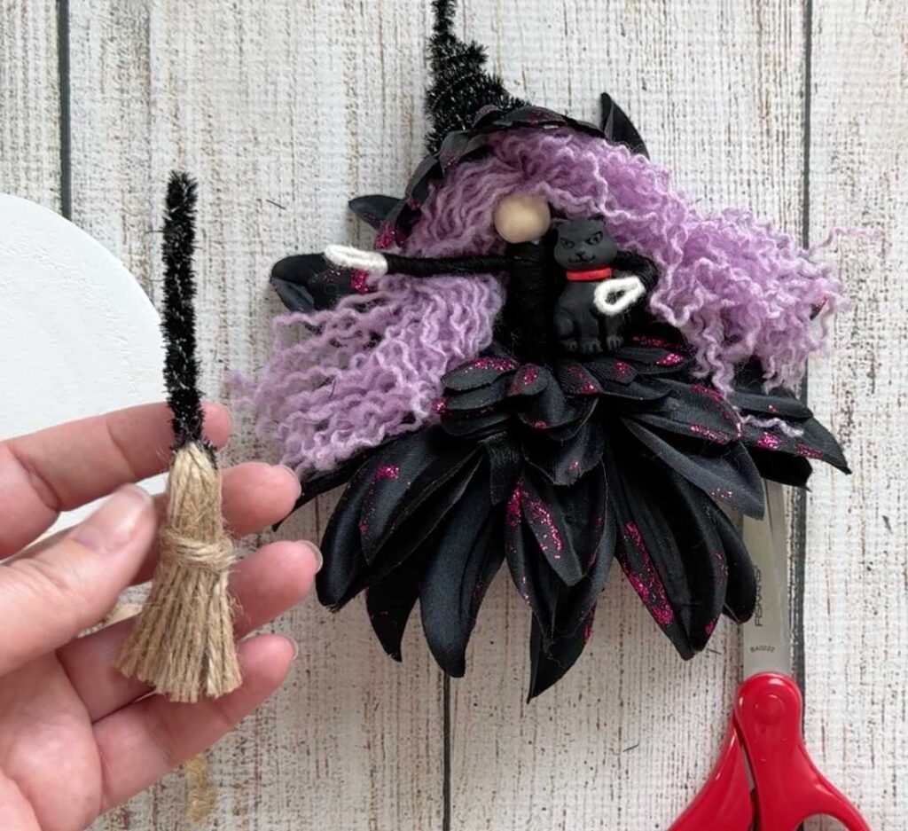 Easy Dollar Tree Halloween Craft Make a Witch tutorial - Finished Witch with Cat and Broom