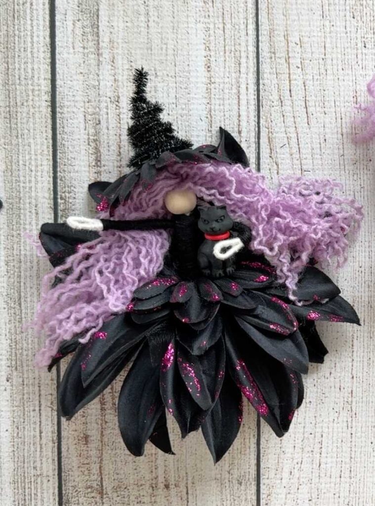 Easy Dollar Tree Halloween Craft Make a Witch tutorial - Finished Witch with Black Cat