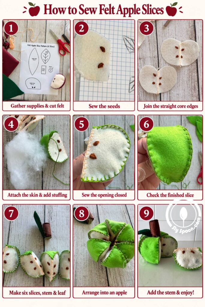 Nine-step photo tutorial showing how to sew felt apple slices and assemble a six-piece apple