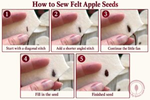 Step-by-step photos showing how to hand stitch brown seeds onto cream felt apple cores