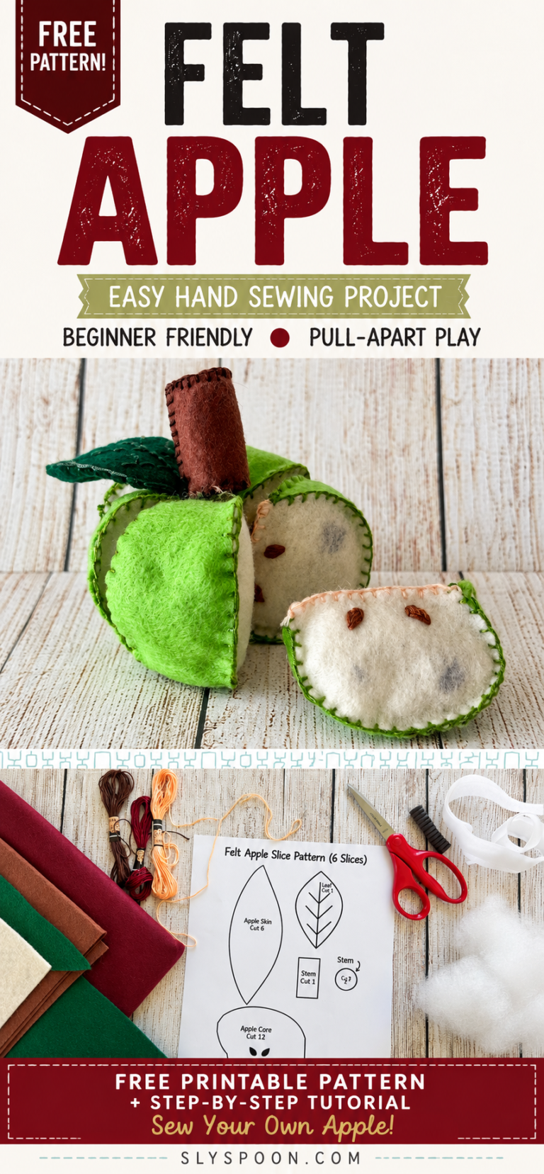How to Sew a Pull-Apart Felt Apple: Free Pattern for Six Slices